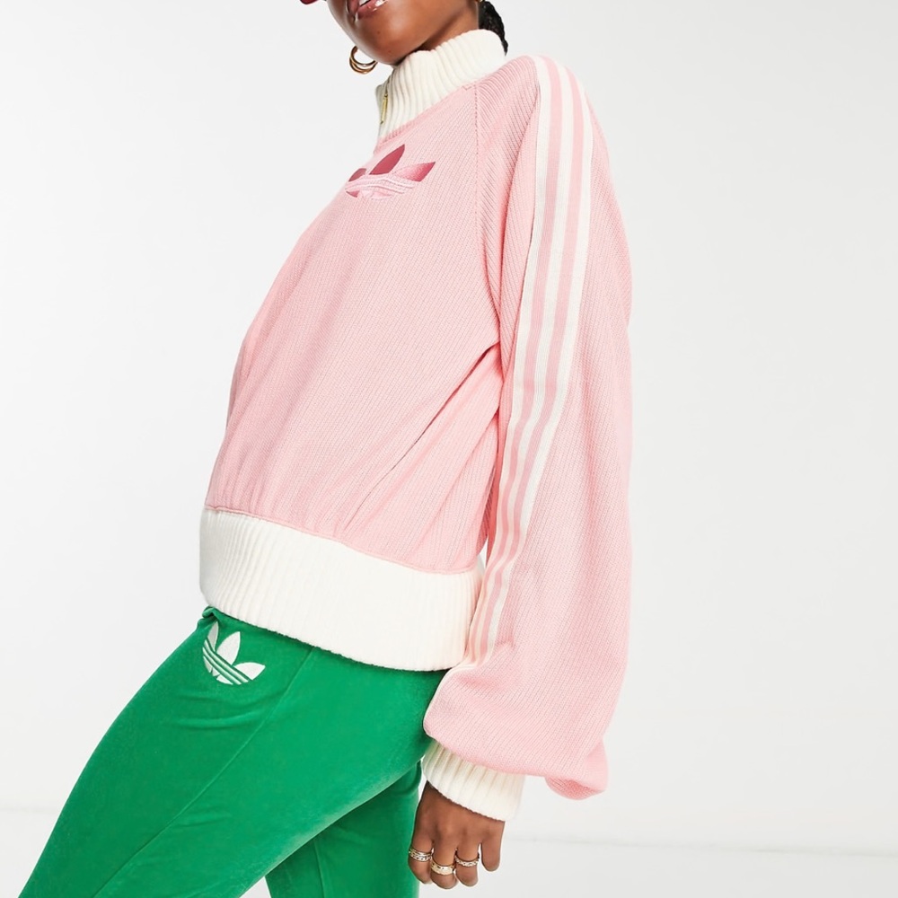 adidas Pink and White Ribbed Pullover Jacket